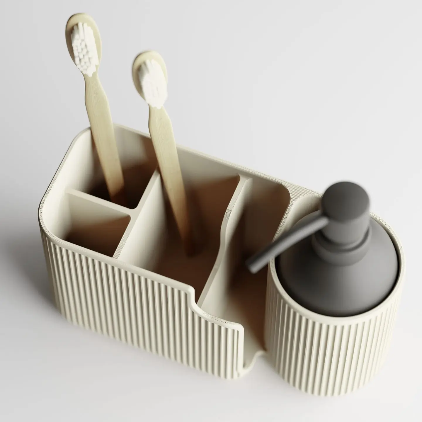 Textured bathroom organizer with toothbrushes and jar