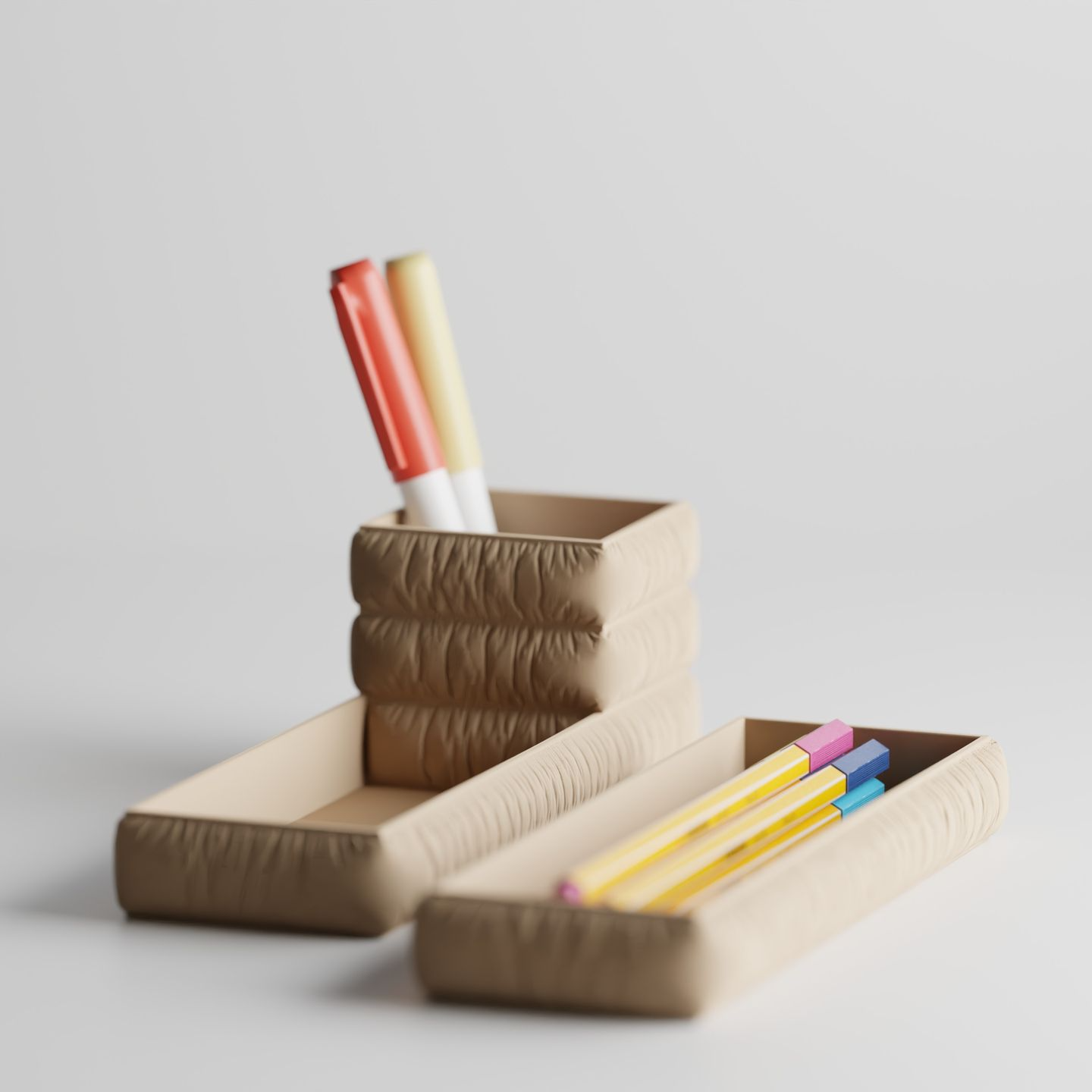 Compact desk organizer holding pens and note cards